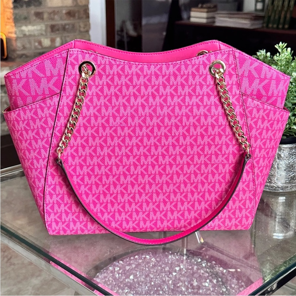 Michael Kors Jet Set Travel Large Chain Shoulder Tote MK Logo Bag Electric Pink - Picture 5 of 10
